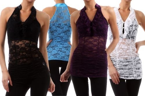 SeXy SHEER STRETCH Sheer LACE RUFFLE HALTER KEYHOLE TOP