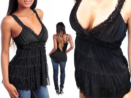 SeXy RUFFLE TIERED BEADED CLEAVAGE BABYDOLL TOP BLOUSE