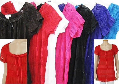 SEXY SHEER RUFFLE SMOCKED BABYDOLL RIBBON PEASANT TOP