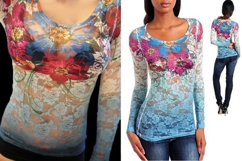 STRETCH ROSE LACE SHEER SUBLIMATION TATTOO TOP SHIRT