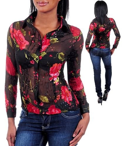 SeXy 100% BLACK SILK FITTED SHEER BLOUSE RED ROSES