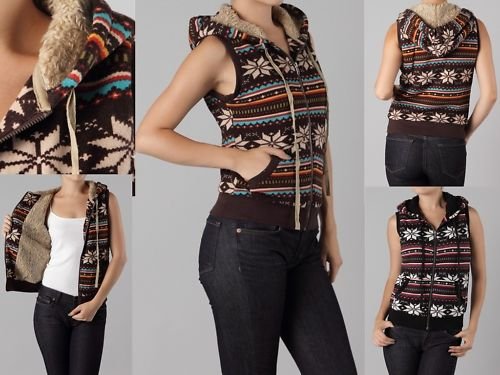 NEW FAIR ISLE NORDIC SWEATER FAUX FUR SHERPA LINED HOODIE HOOD VEST COAT JACKET