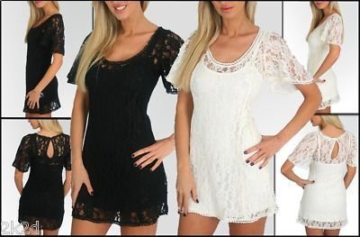 NEW VINTAGE STYLE LACE KEYHOLE SWING A-LINE MiNi DRESS TUNIC TOP + SHEATH LINER