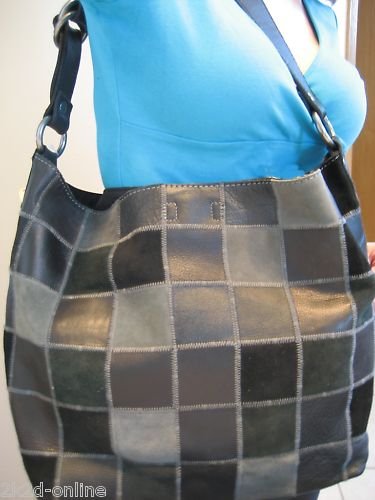 NWT LUCKY BRAND LARGE BLACK LEATHER PATCHWORK MAILBAG TOTE PURSE BAG