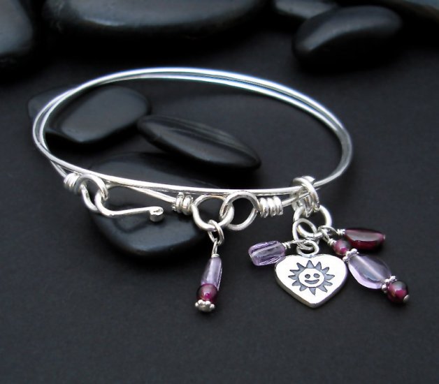 happy face heart charm double bangle sterling silver bracelet