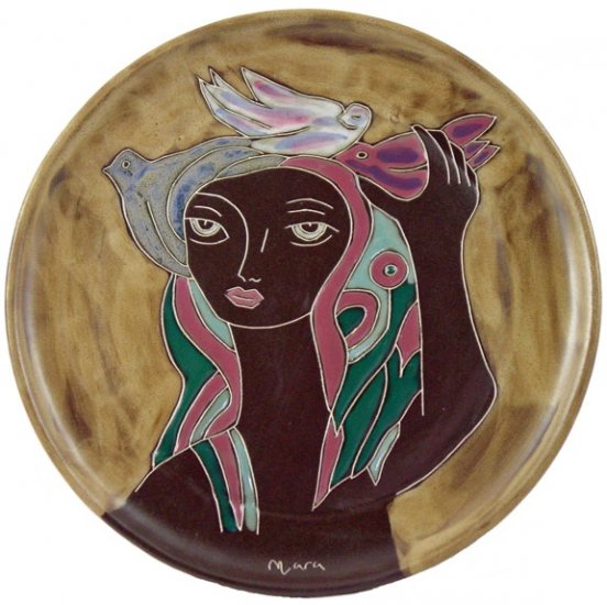 12" SERVING PLATE WOMAN/BIRD SIGNED