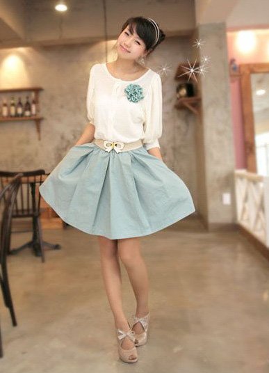 NEW ARRIVAL eBeauty*101188- Blue Cotton korean dress come with belt & brooch