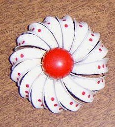Free Shipping Retro 1950's Enameled Metal Flower w/ Red Polka Dots Brooch / Pin