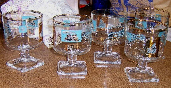 Free Shipping 5 Retro 1950's Bar Cocktail Glasses Gold Trim Steamship Decals