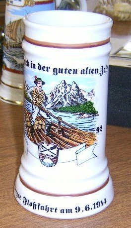 1992 German Beer Stein Depicts Man on Raft / Shield Free Shipping