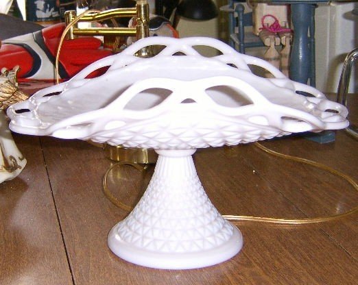 Milk Glass Pedestal Dessert Dish with Lacy Edge c. 1950's Free Shipping