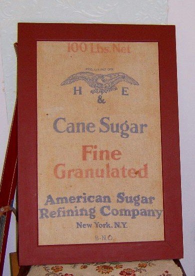 Free Shipping Vermont Farm Antique Burlap Bag Cane Sugar Eagle Logo H & E Framed