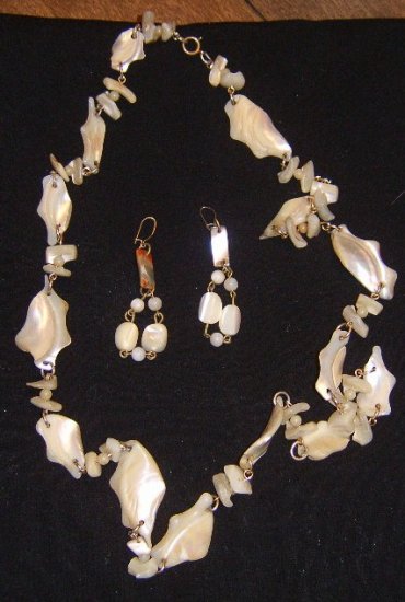 Antique Chunky Mother of Pearl / Shell Long Necklace & Drop Earring Set Free Ship