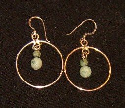 Sterling Hoop Earrings with Green Stone Drops / Free Ship