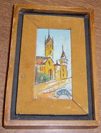 Vintage Framed Miniature Oil Painting on Board of Church 2" by 4" SGND H. Stymil ?