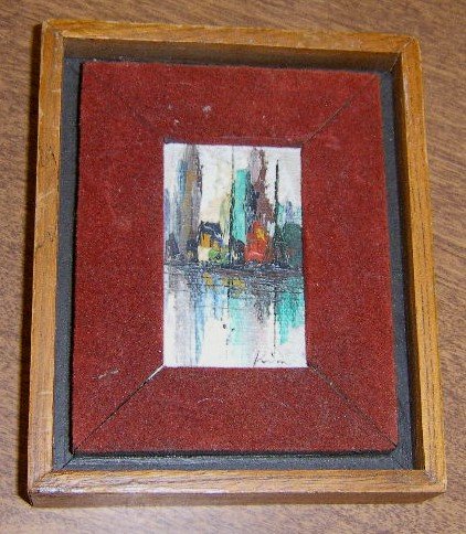 Framed Miniature Oil Painting on Board SGND Kim 2" by 3" Abstract City Scene