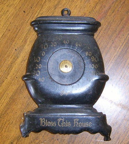 Antique Pressed Tin Brigade Pot Belly Wood Stove Shape Advertising Thermometer Free Shipping