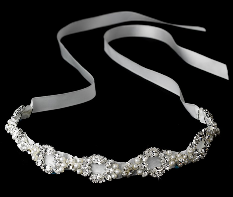 Swarovski Crystal Pearl White Ribbon Headband Tiara