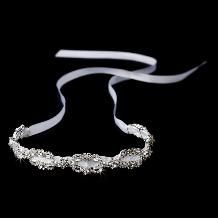 Silver Crystal Rhinestone White Ribbon Headband Tiara