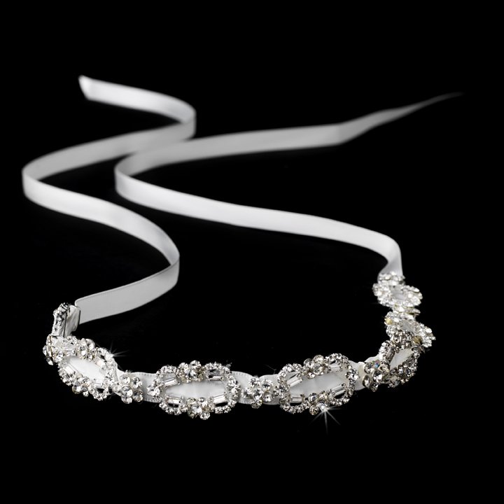 Silver Crystal Rhinestone Ivory Ribbon Headband Tiara