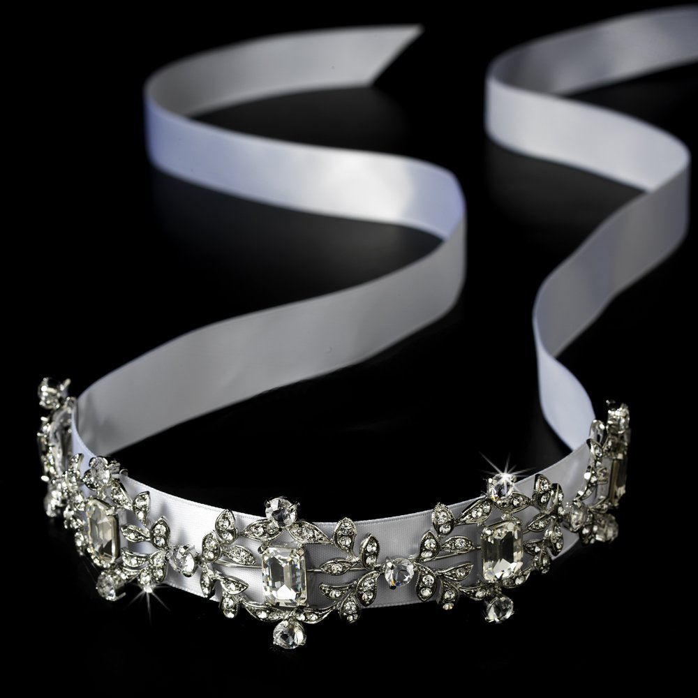 Antique Silver Crystal White Ribbon Headband Tiara