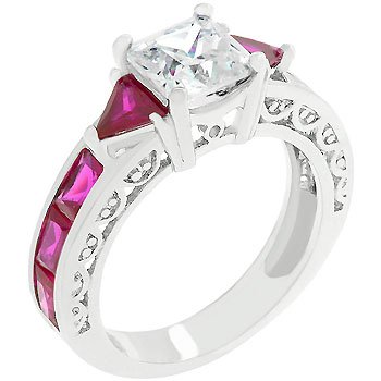 New White Gold Silver Trillion Cut Ruby Crystals Ring