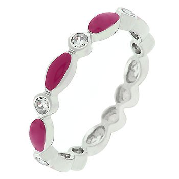 NEW White Gold Silver Fuschia Enamel CZ Stacker Ring