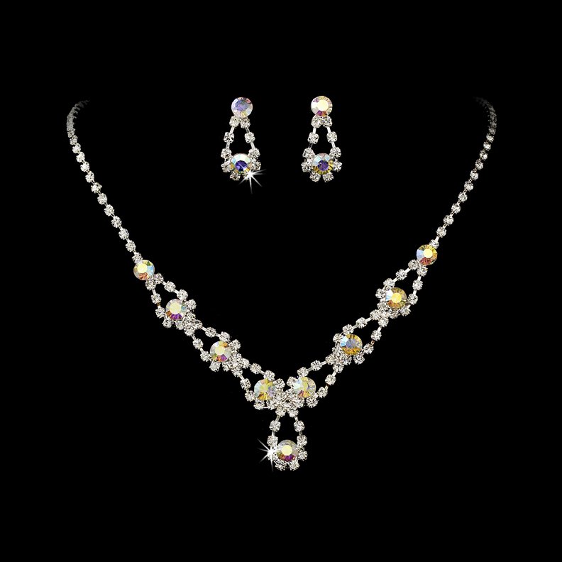 Silver Clear AB Rhinestone Crystal Necklace Earring Set