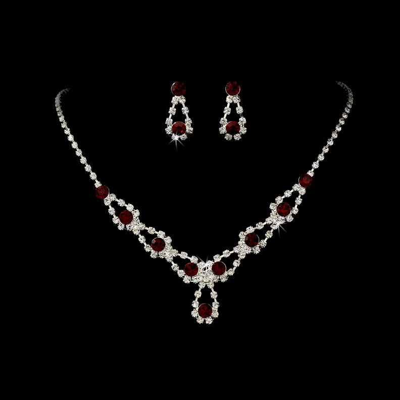 Silver Red Rhinestone Crystal Necklace Earring Set