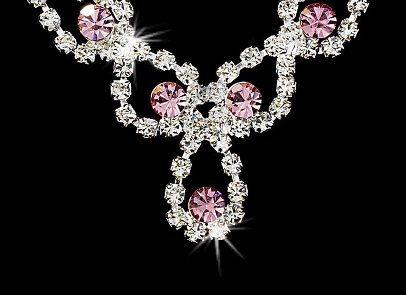 Silver Pink Rhinestone Crystal Necklace Earring Set