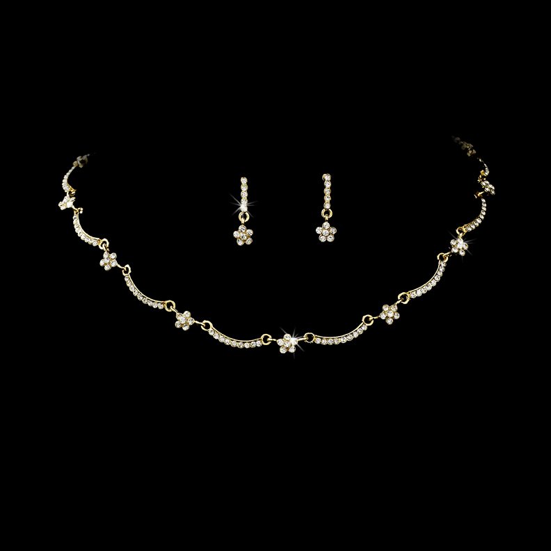 Gold Clear Rhinestone Flower Necklace Earring Set