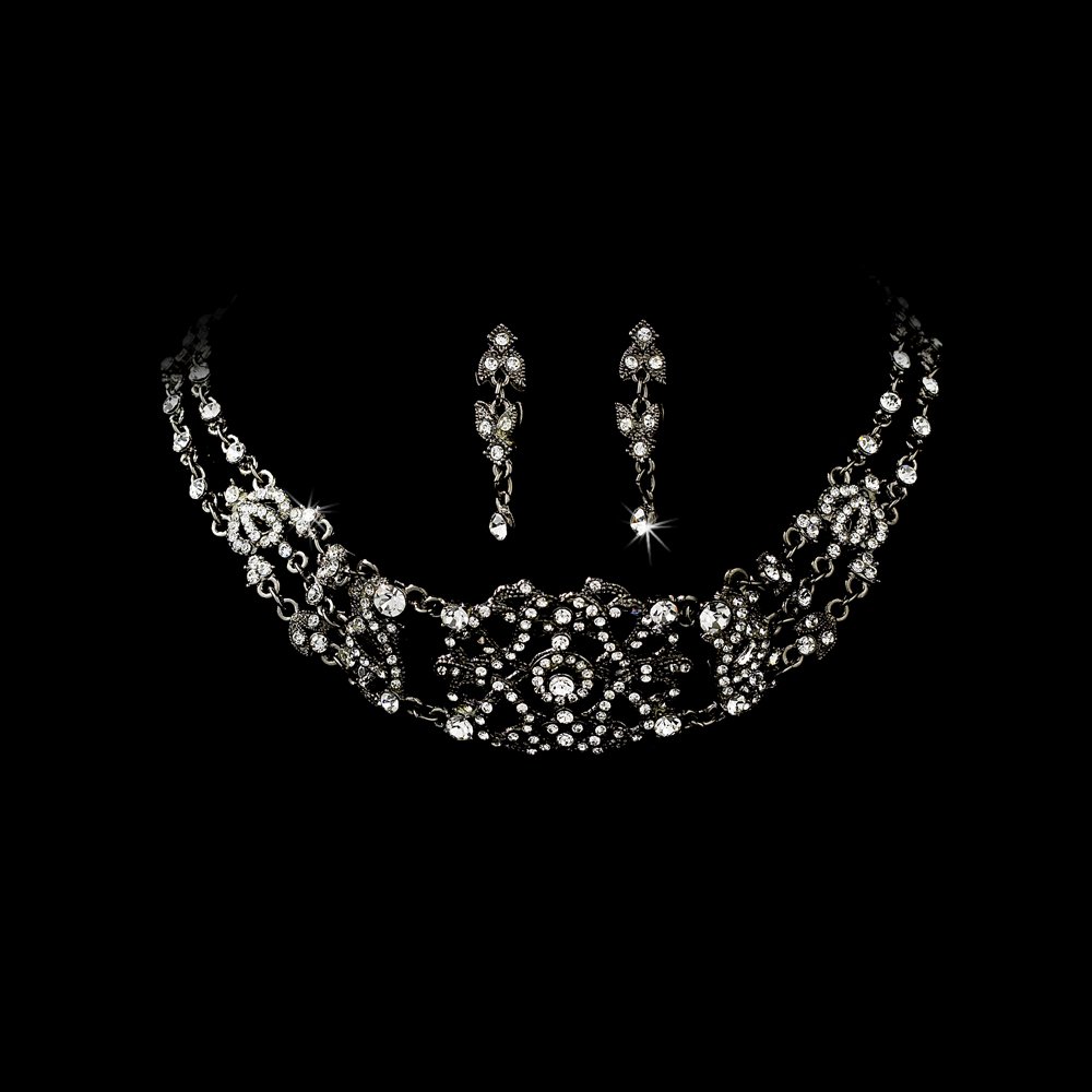 Black Crystal Victorian Choker Necklace Earring Set