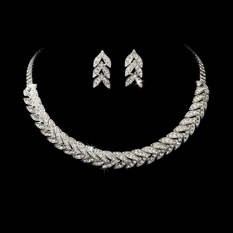 Silver Clear Rhinestone Choker Necklace Earring Set