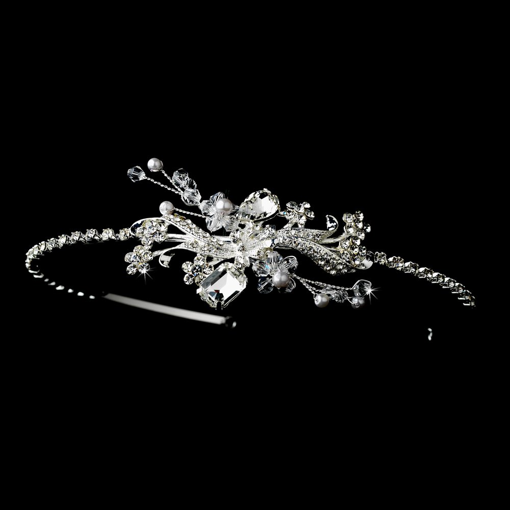 Sterling Silver Austrian Crystal Pearl Floral Tiara