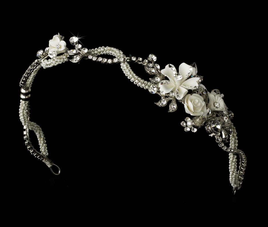 Antique Silver Crystal Ivory Floral Bridal Tiara