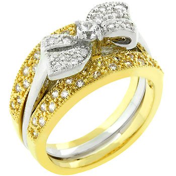 NEW 14k Gold Silver Bridal Set CZ Bow Ring