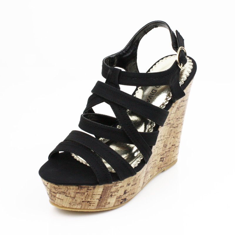 Black Faux Cork Wedge Platform Womens Shoes