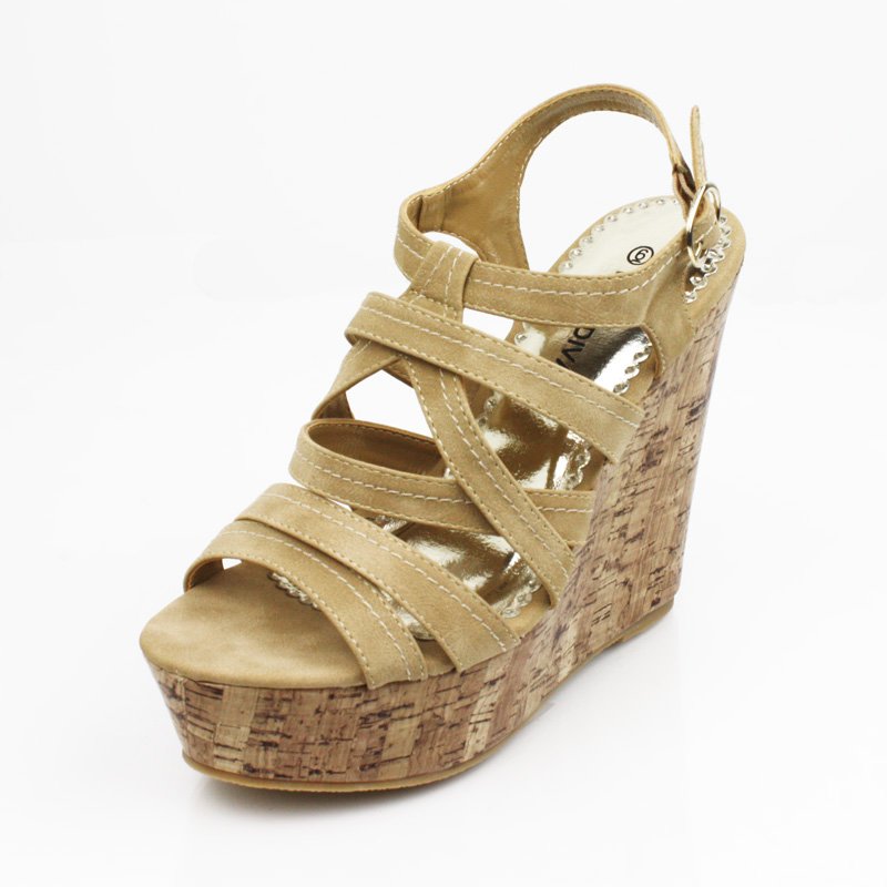 Tan Faux Cork Wedge Platform Womens Shoes