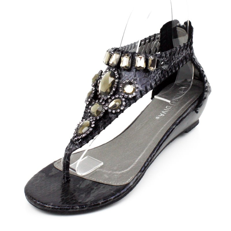 Black Embellished Faux Snakeskin Wedge Womens Shoes
