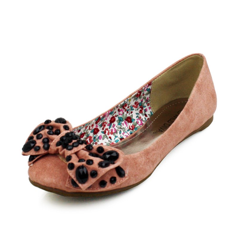 Pink Studded Bow Canvas Flats Womens Shoes