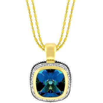 NEW 14K Gold Silver CZ Blue Topaz Pendant Necklace