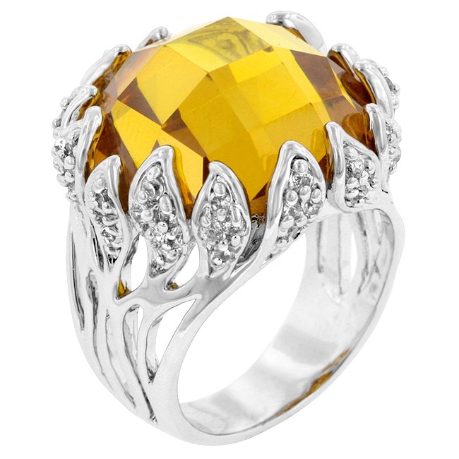 White Gold Rhodium Bonded Vintage Yellow CZ Ring