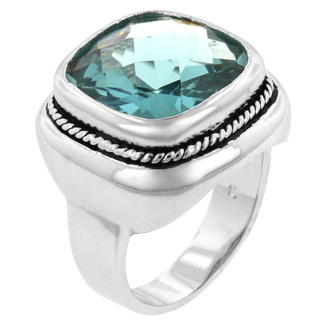 White Gold Rhodium Bonded Aqua CZ Cocktail Ring
