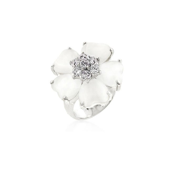 White Gold Rhodium Bonded Floral Cats Eye CZ Ring