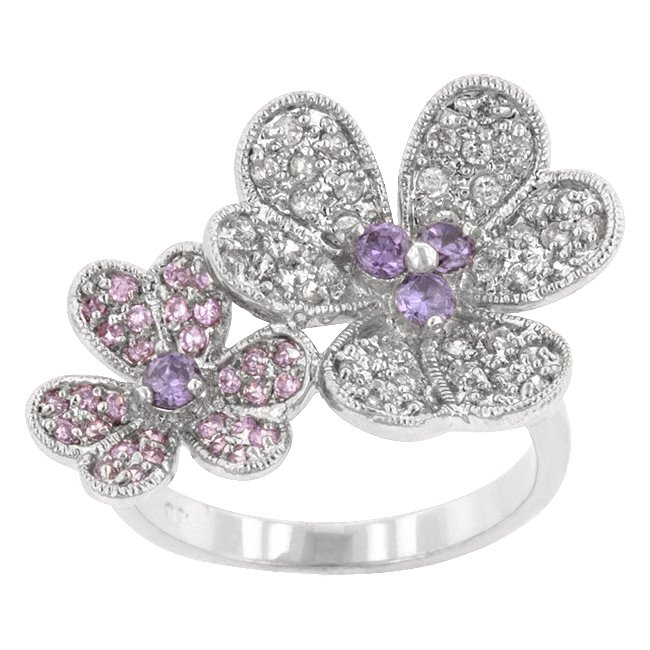 White Gold Rhodium Bonded Floral CZ Cocktail Ring