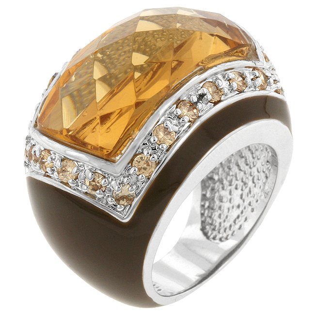 White Gold Rhodium Bonded Champagne CZ Center Ring