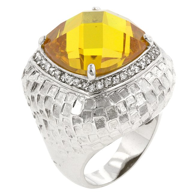 White Gold Rhodium Bonded Multi-Faceted Yellow CZ Ring