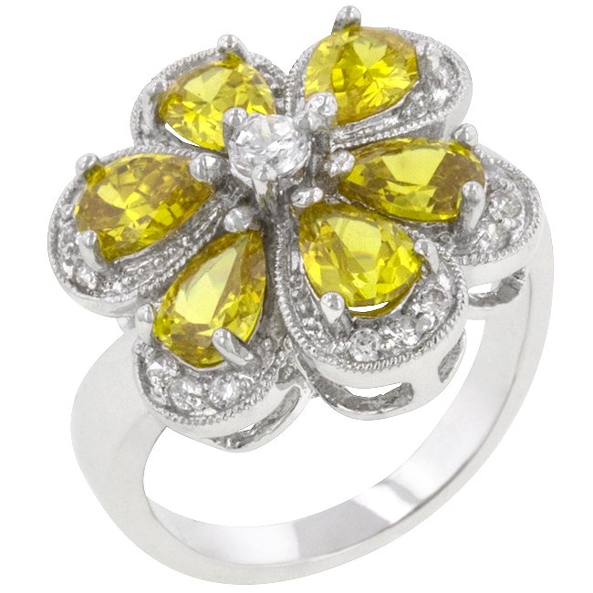 White Gold Rhodium Bonded Pear Cut Yellow CZ Ring
