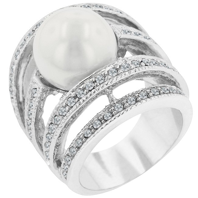 White Gold Rhodium Bonded Shell Pearl CZ Ring