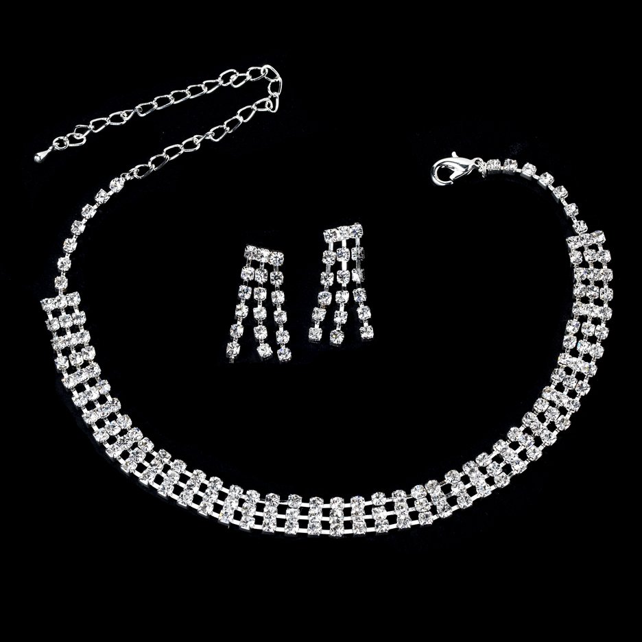 Silver Rhinestone Crystal Choker Necklace Earring Set